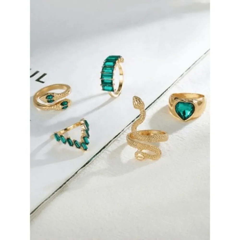 Gold Emerald Gothic Punk Snake Stackable Ring Set - 5 Piece - Picture 7 of 7